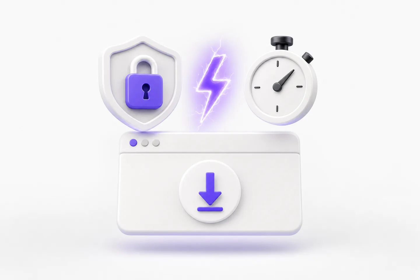 Lightning bolt, padlock, and download card representing fast private SVG to PNG conversion